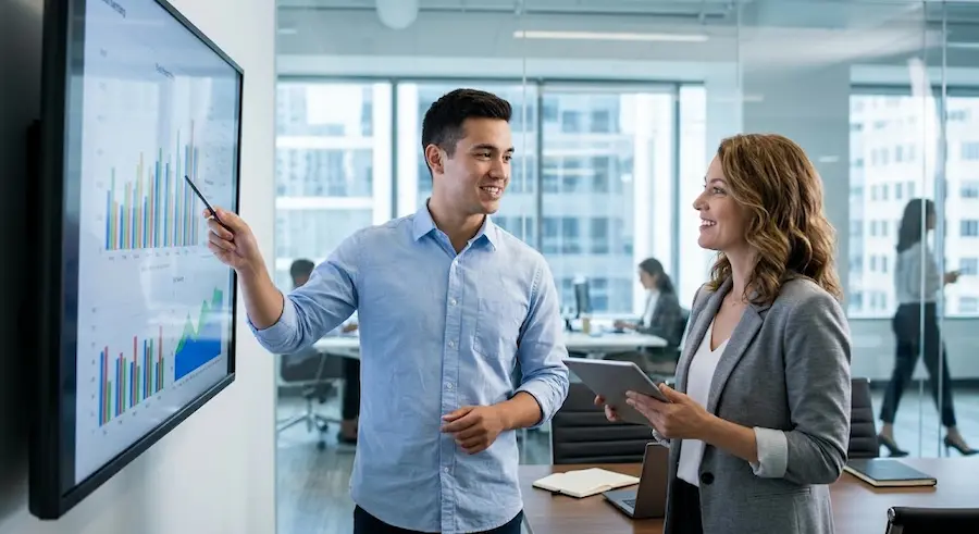 ROI de la automatización con IA: cómo medirlo en 2026 Ejecutivos analizando en una pantalla de oficina los indicadores de ahorro e ingresos que generan sus agentes de IA